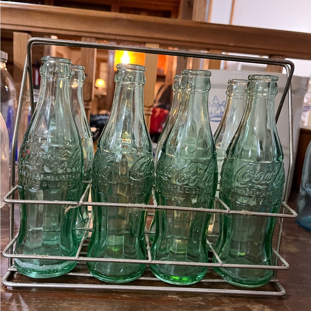 Antique Coca Cola Metal Carrier with Green CocaCola Bottles EUC